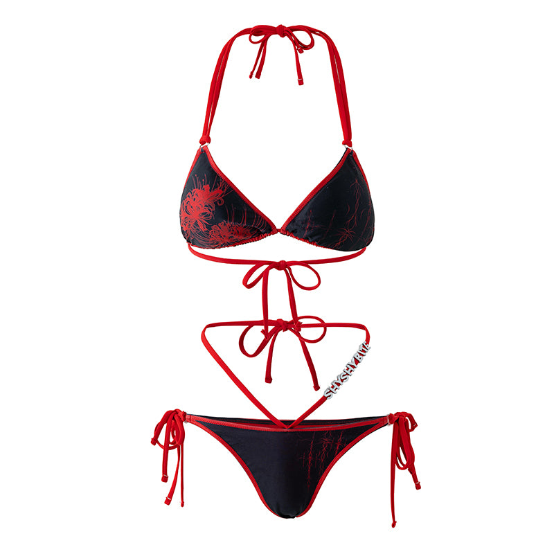 Cross & Spider Lily Bikini Set - Black-Red