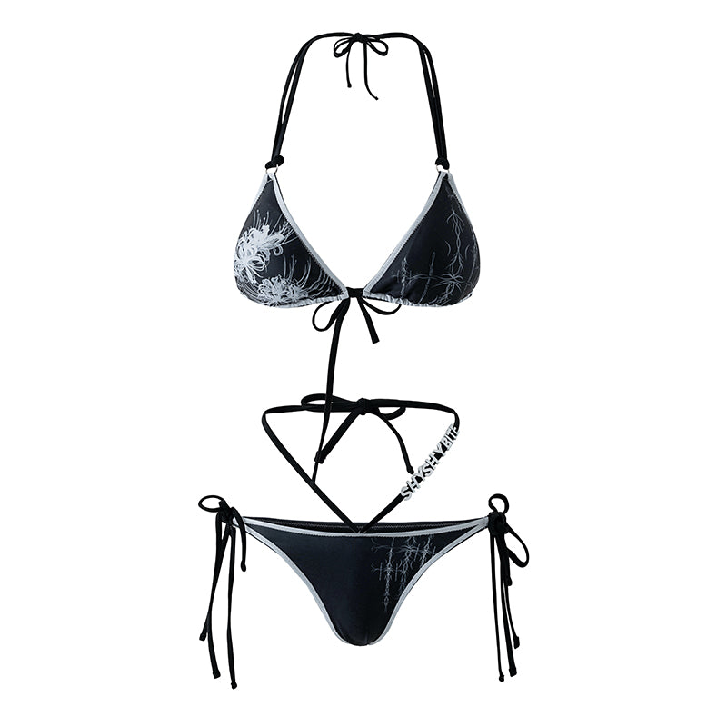 Cross & Spider Lily Bikini Set - Black-Grey