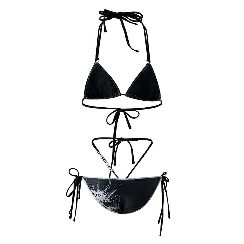 Cross & Spider Lily Bikini Set - Black-Grey