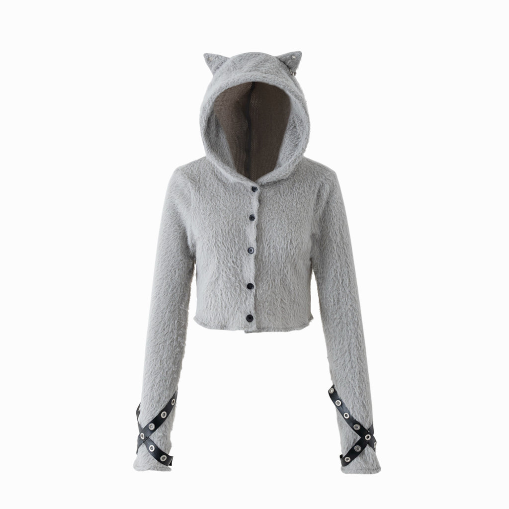 Fluffy Cat-Ear Hooded Cardigan - Grey