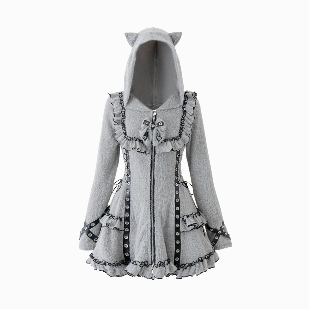 Fluffy Cat-Ear Hooded Dress - Grey