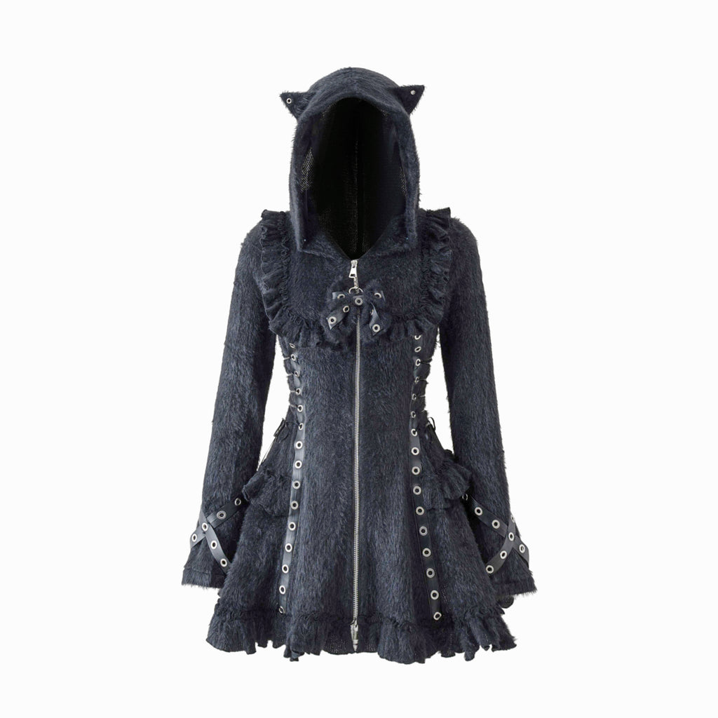 Fluffy Cat-Ear Hooded Dress - Black