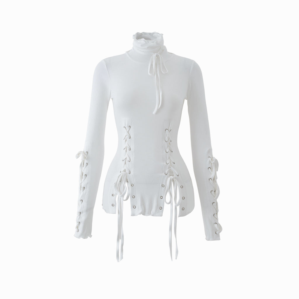 Eyelet Lace-Up Turtleneck Knit Top - White
