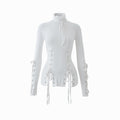 Eyelet Lace-Up Turtleneck Knit Top - White