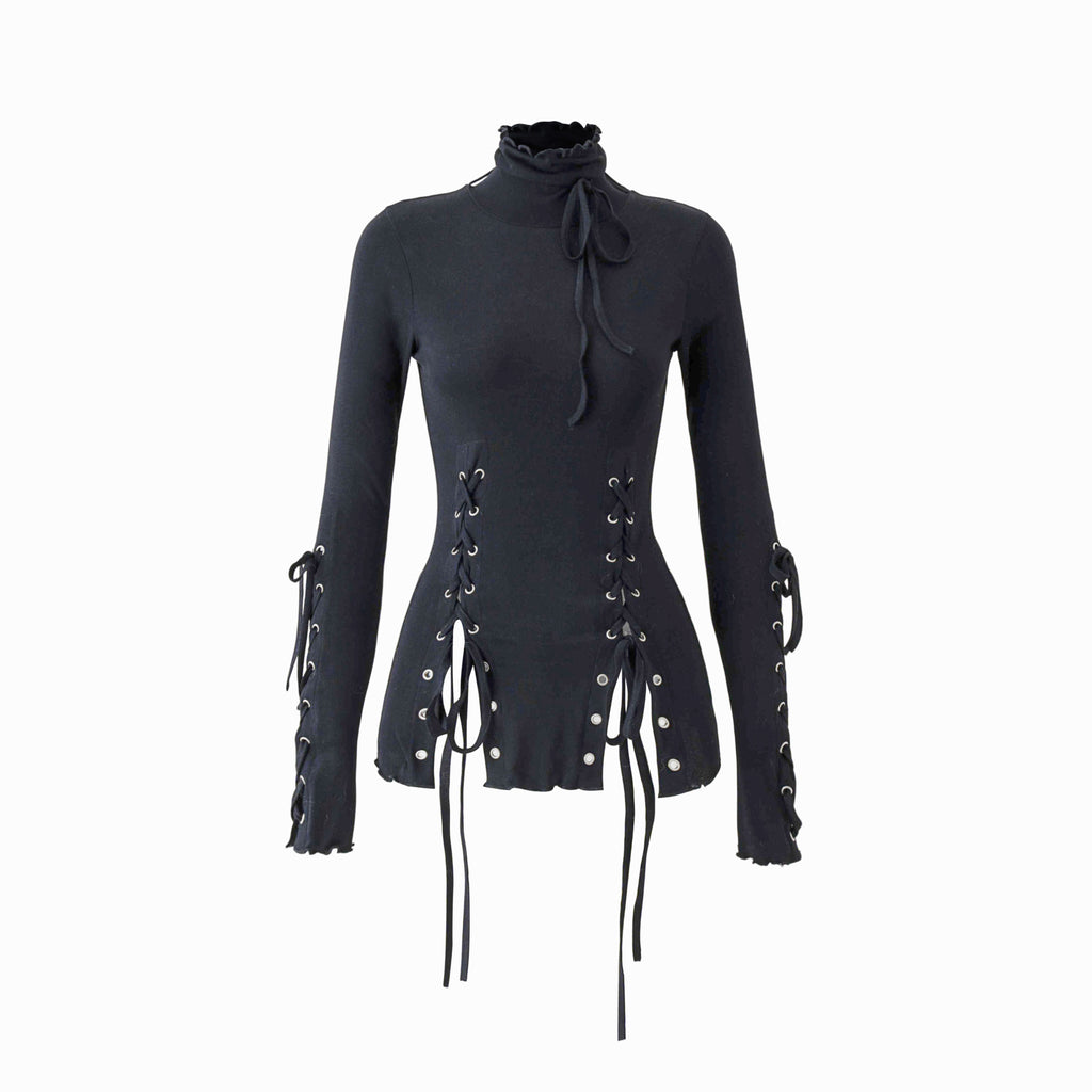 Eyelet Lace-Up Turtleneck Knit Top - Black