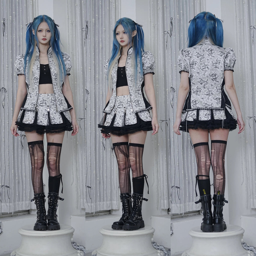 Silver Dragon Patterned Qipao Zip Top