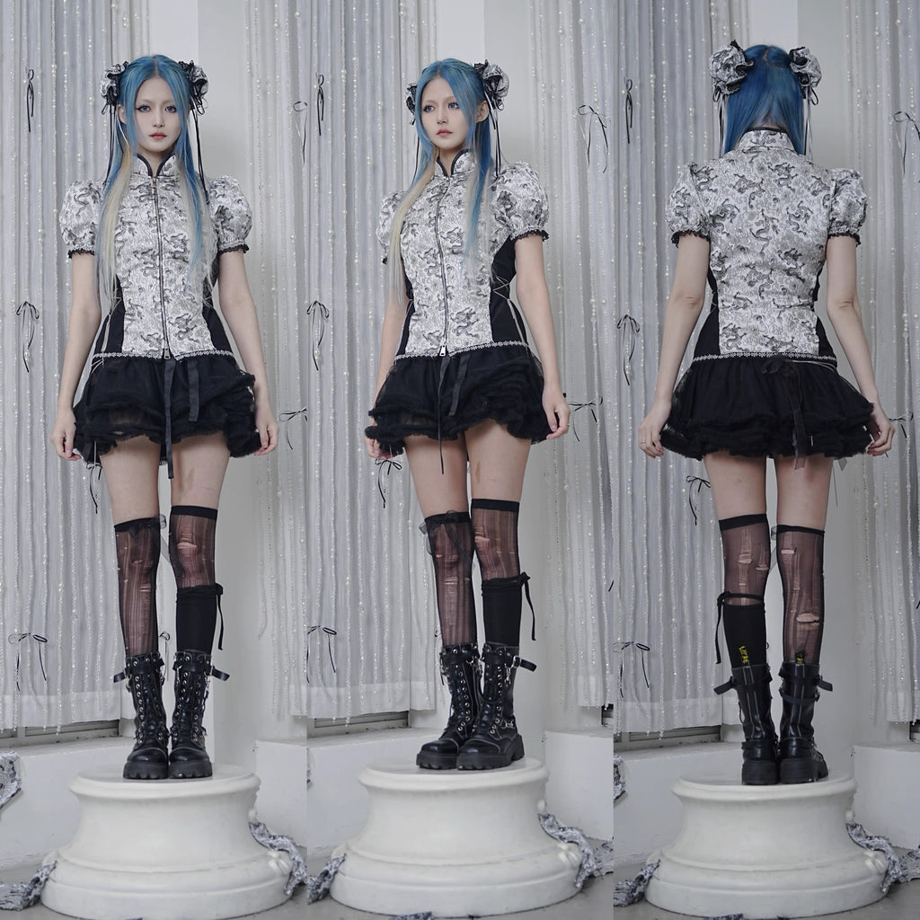 Silver Dragon Patterned Qipao Zip Top