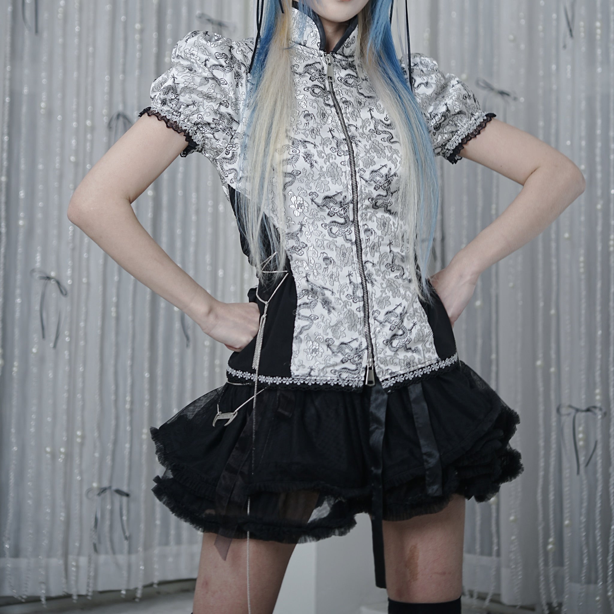 Silver Dragon Patterned Qipao Zip Top