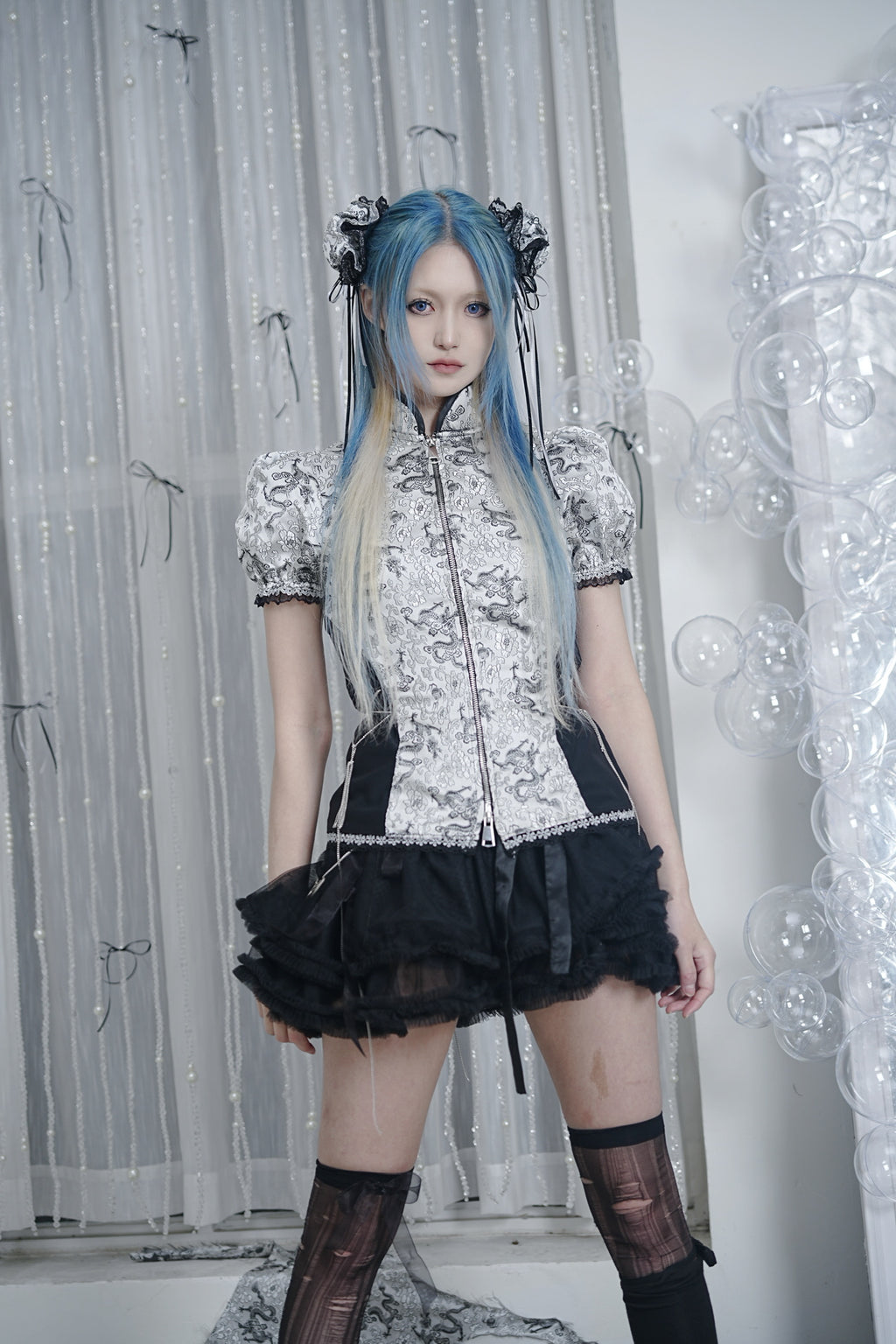 Silver Dragon Patterned Qipao Zip Top