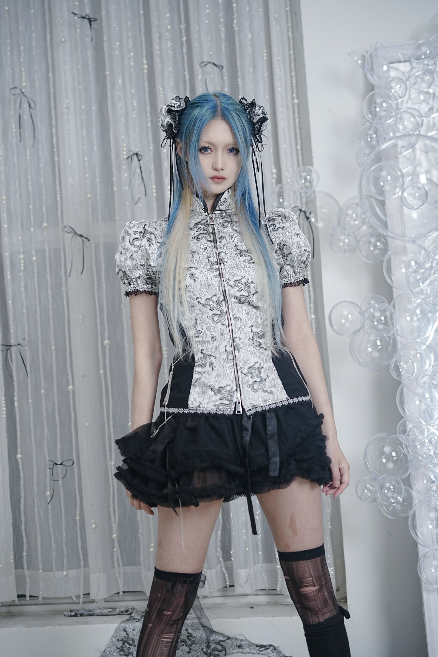 Silver Dragon Patterned Qipao Zip Top