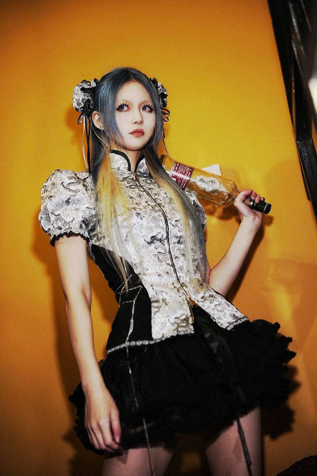 Silver Dragon Patterned Qipao Zip Top