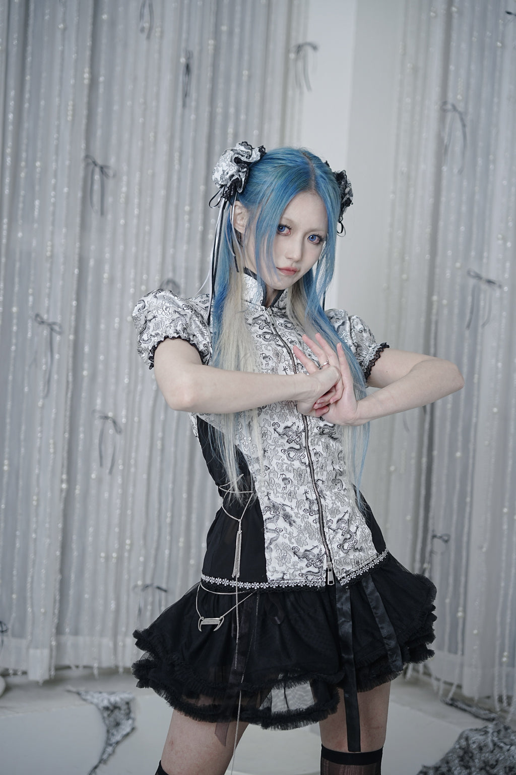 Silver Dragon Patterned Qipao Zip Top