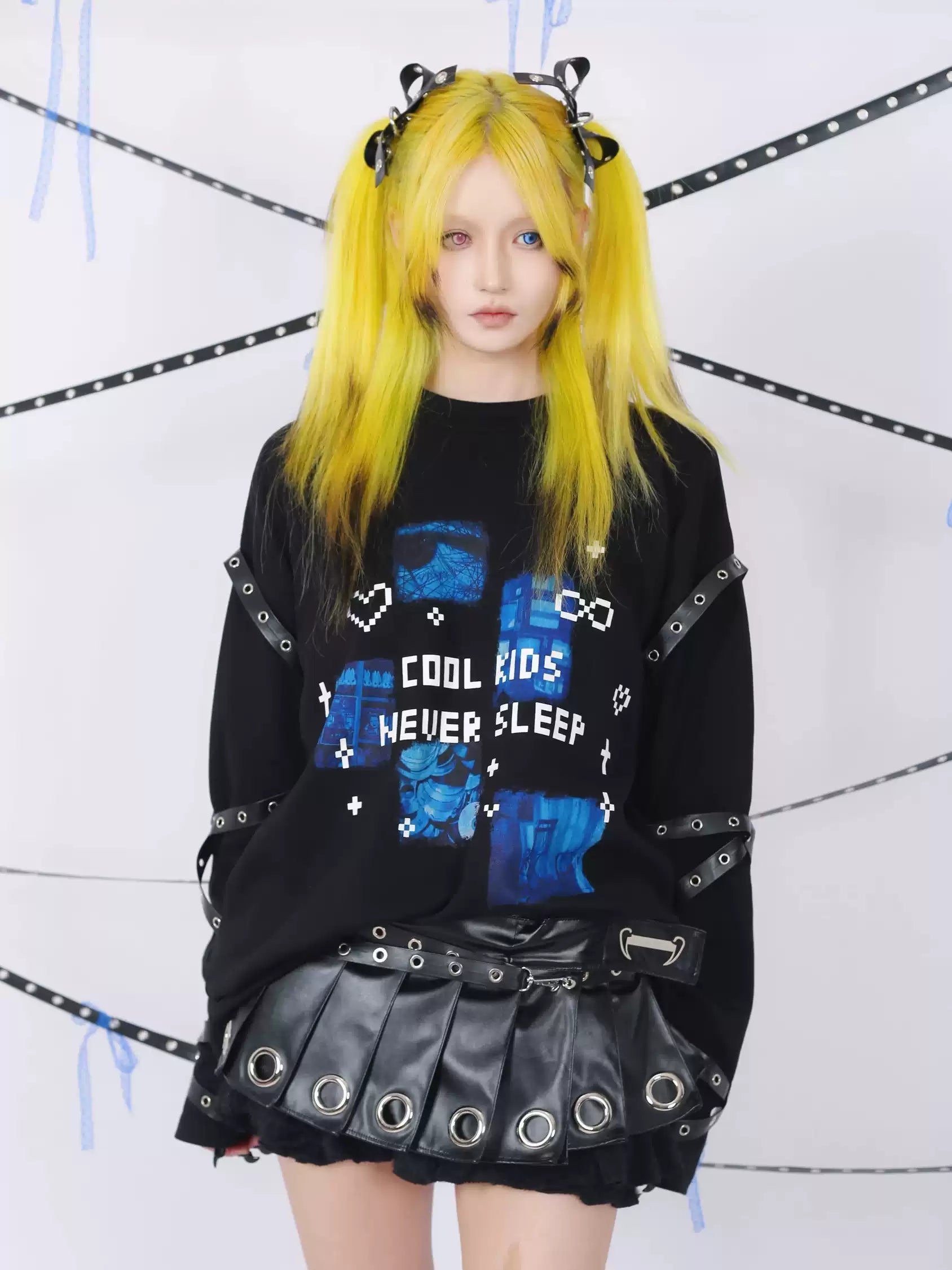 "Cool Kids Never Sleep" Strap Decorated Printed Top