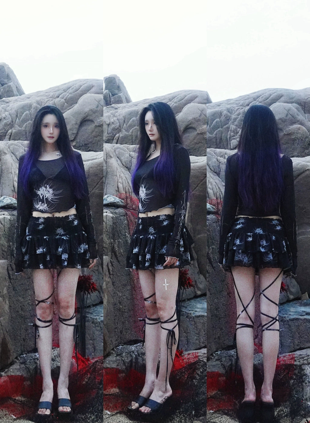 Cross & Spider Lily Full Print Tulle Beach Skirt - Black-Grey