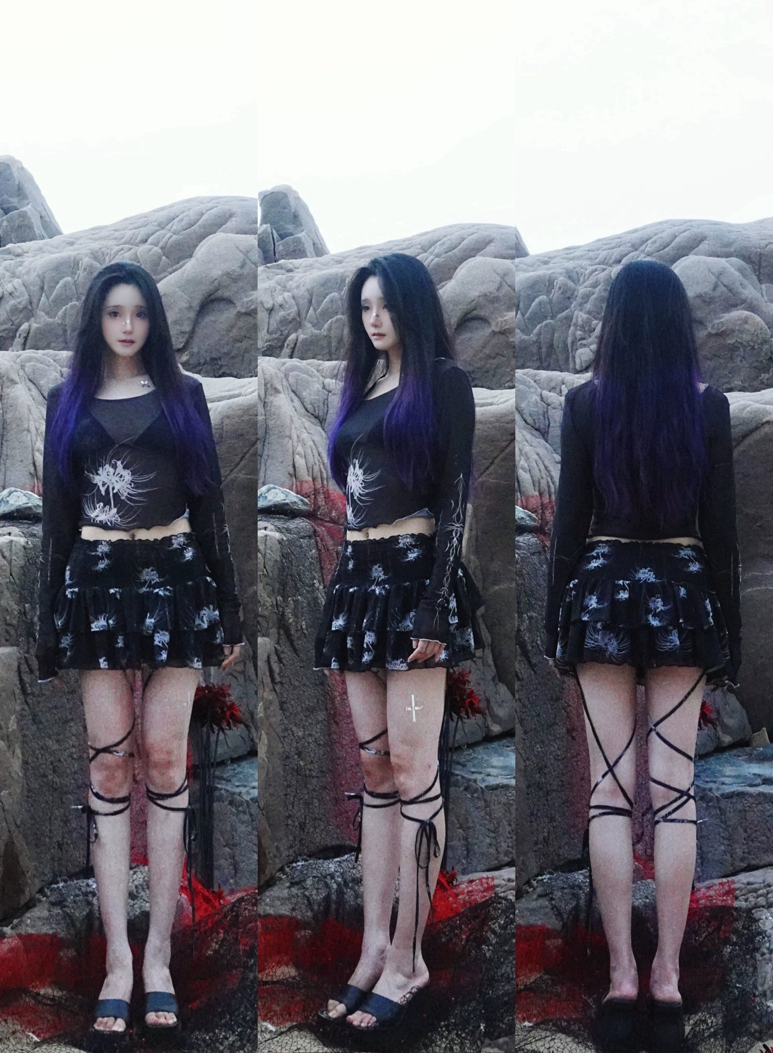 Cross & Spider Lily Full Print Tulle Beach Skirt - Black-Grey