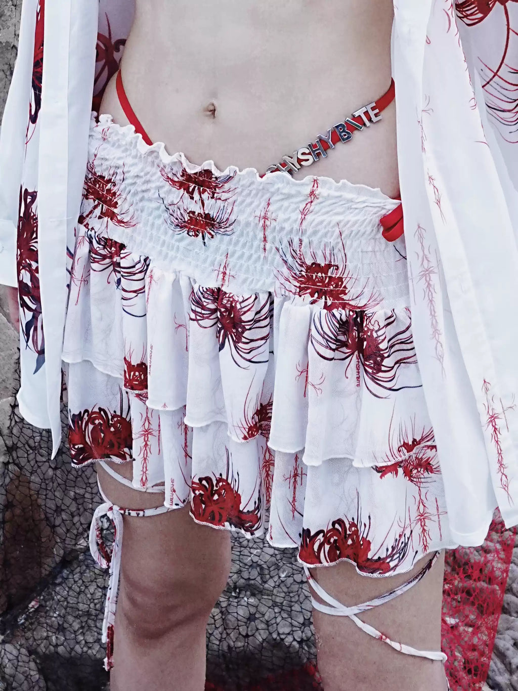 Cross & Spider Lily Full Print Tulle Beach Skirt - White-Red