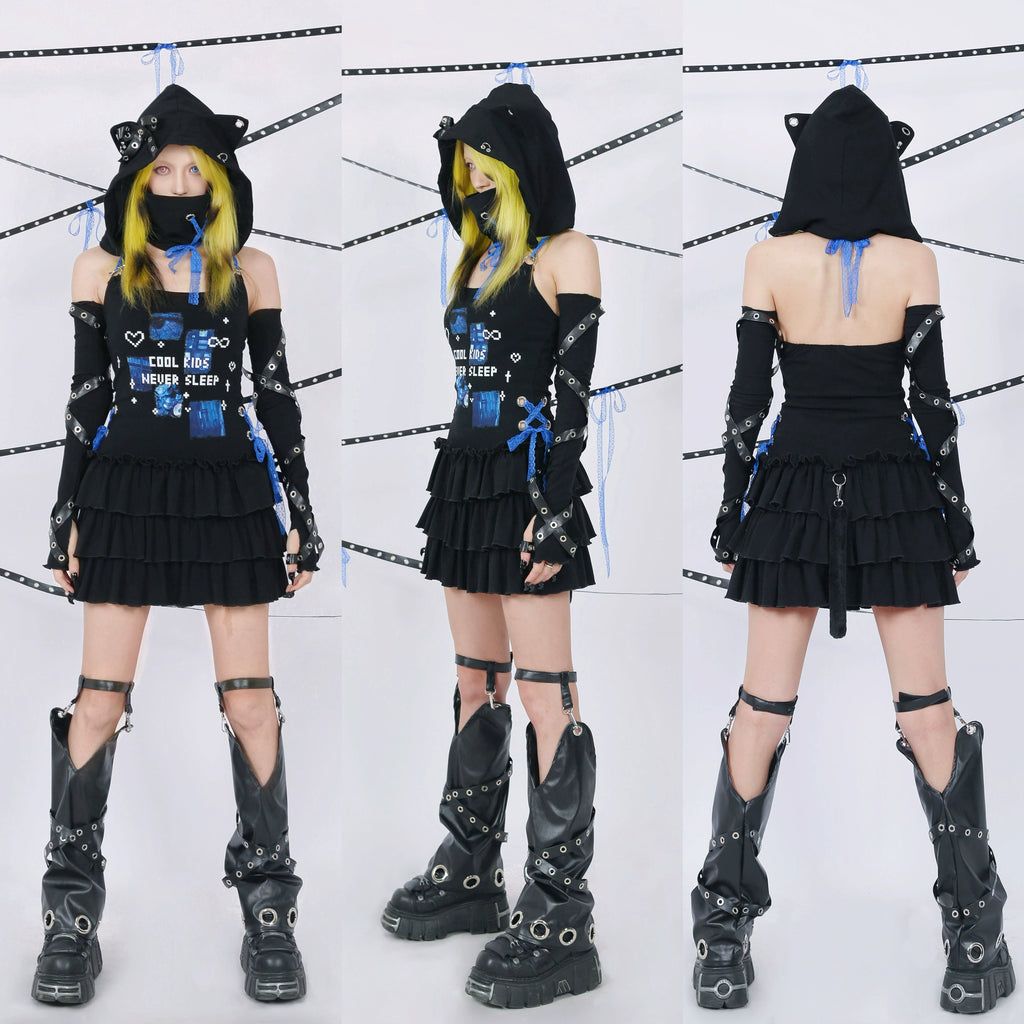 Ninja Cat Hooded Printed Dress