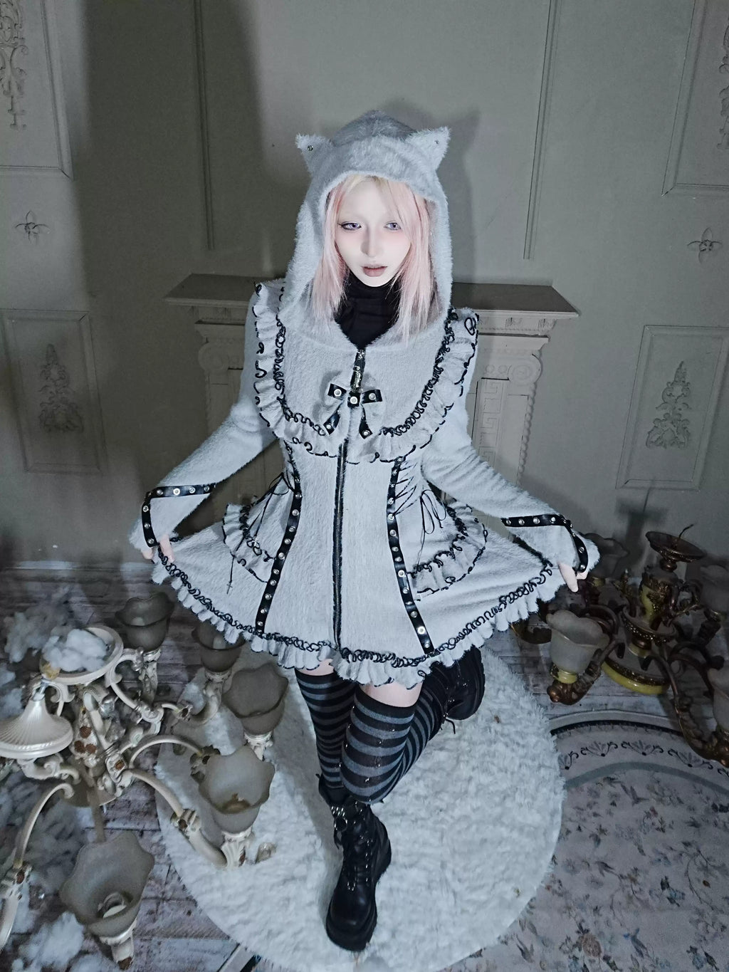Fluffy Cat-Ear Hooded Dress - Black