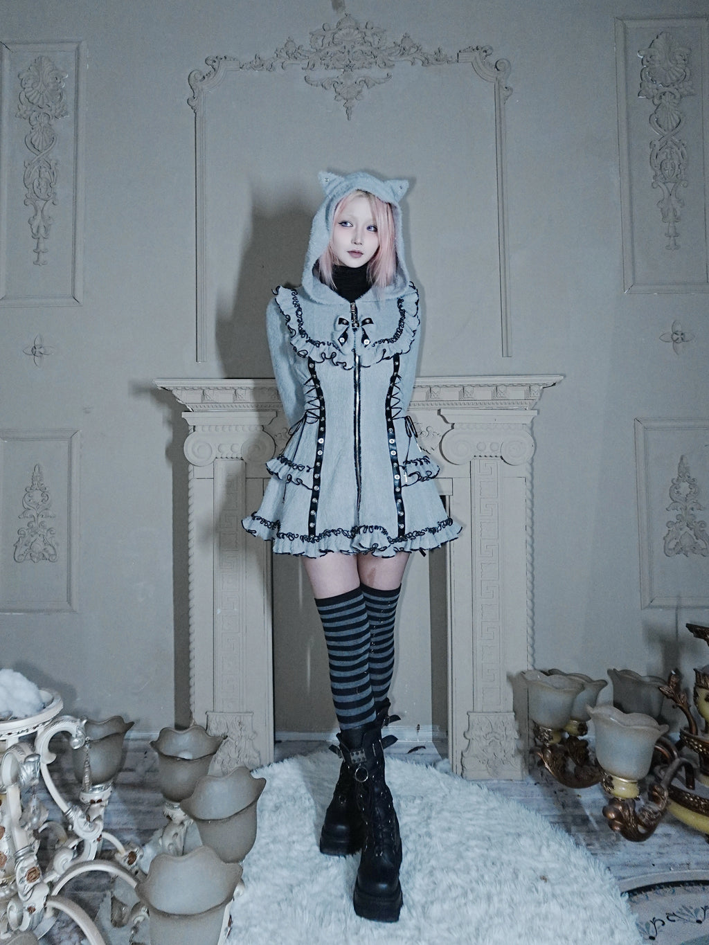 Fluffy Cat-Ear Hooded Dress - Grey