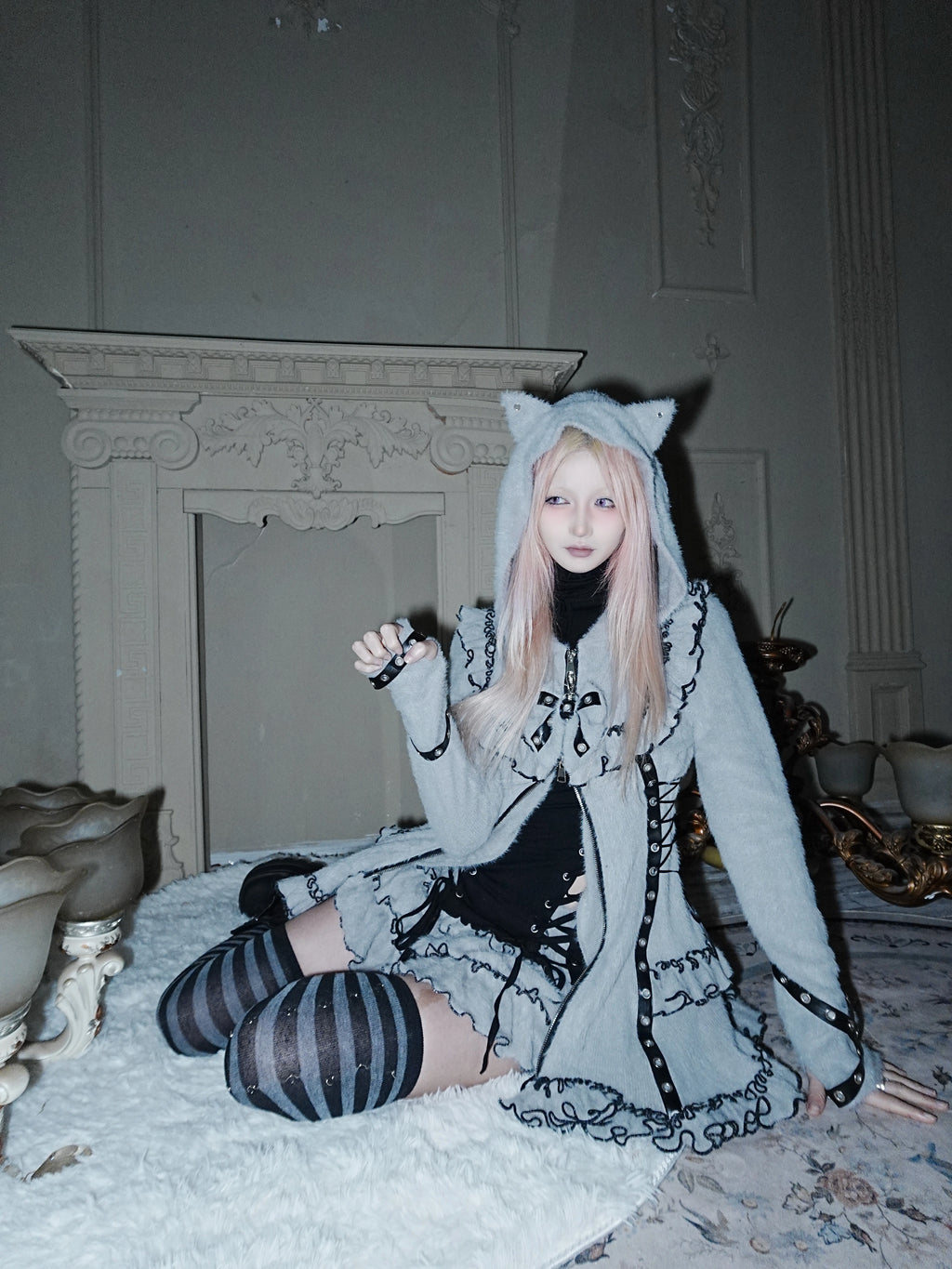 Fluffy Cat-Ear Hooded Dress - Grey