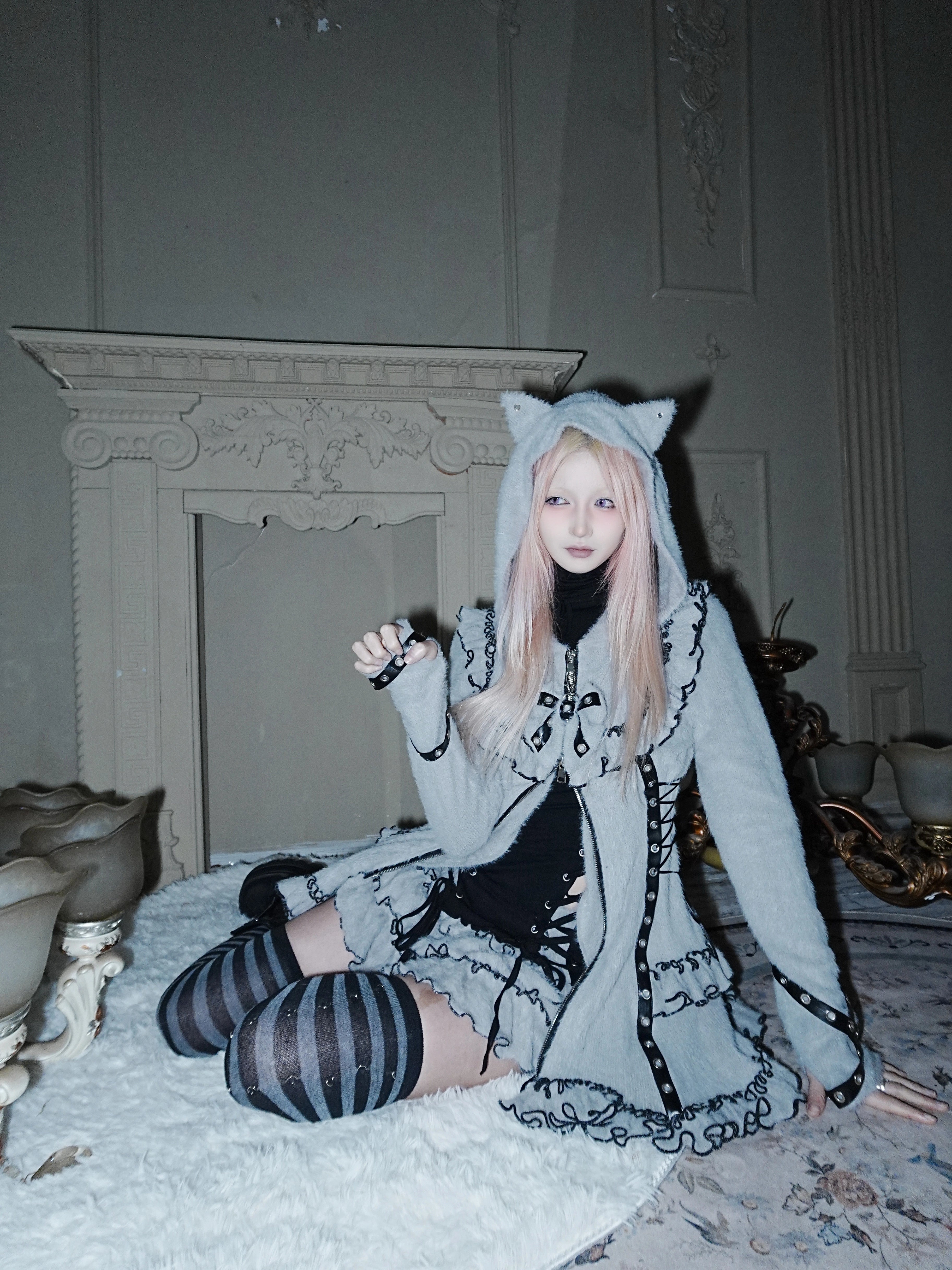 Fluffy Cat-Ear Hooded Dress - Grey