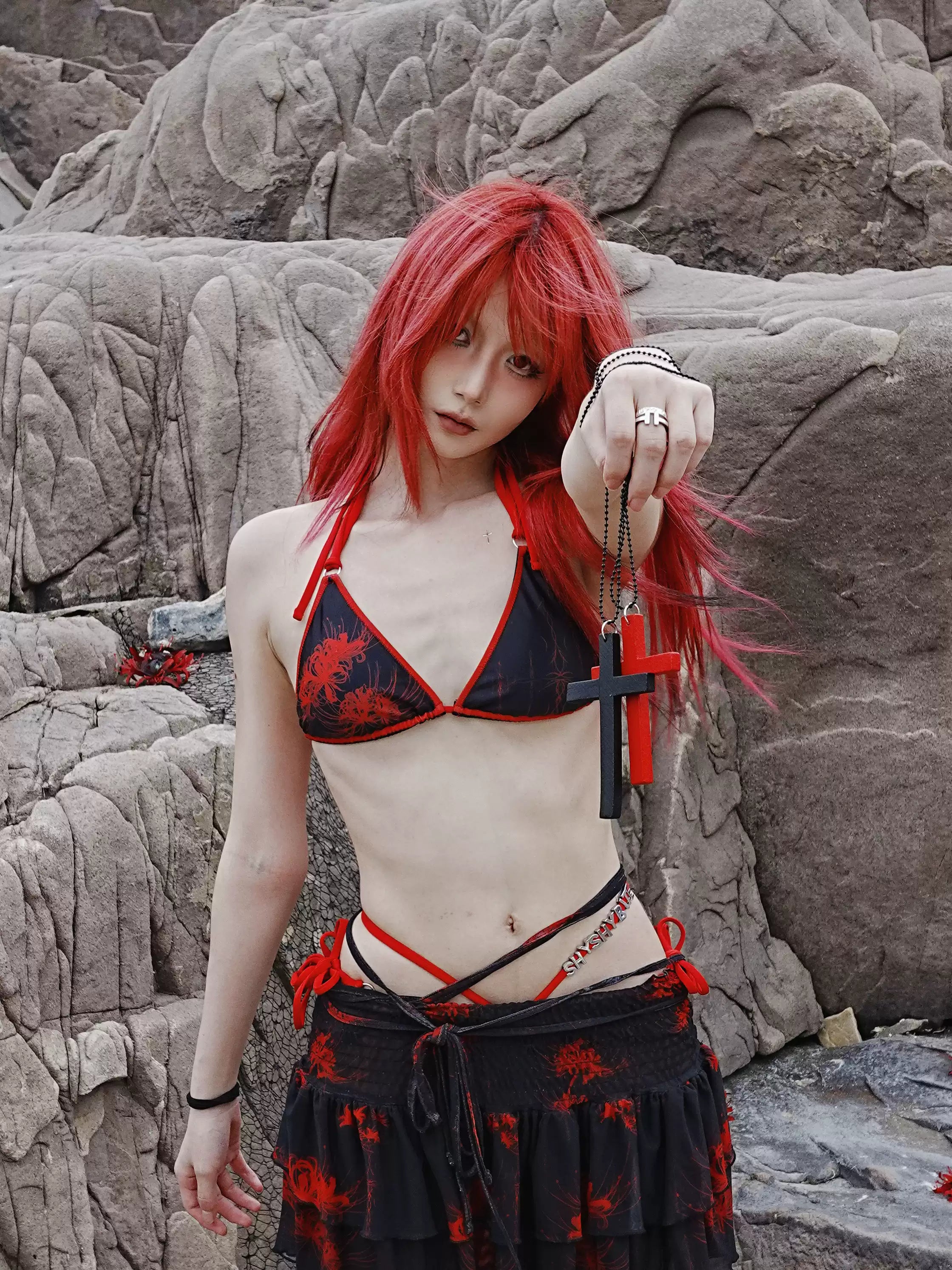 Cross & Spider Lily Bikini Set - Black-Grey