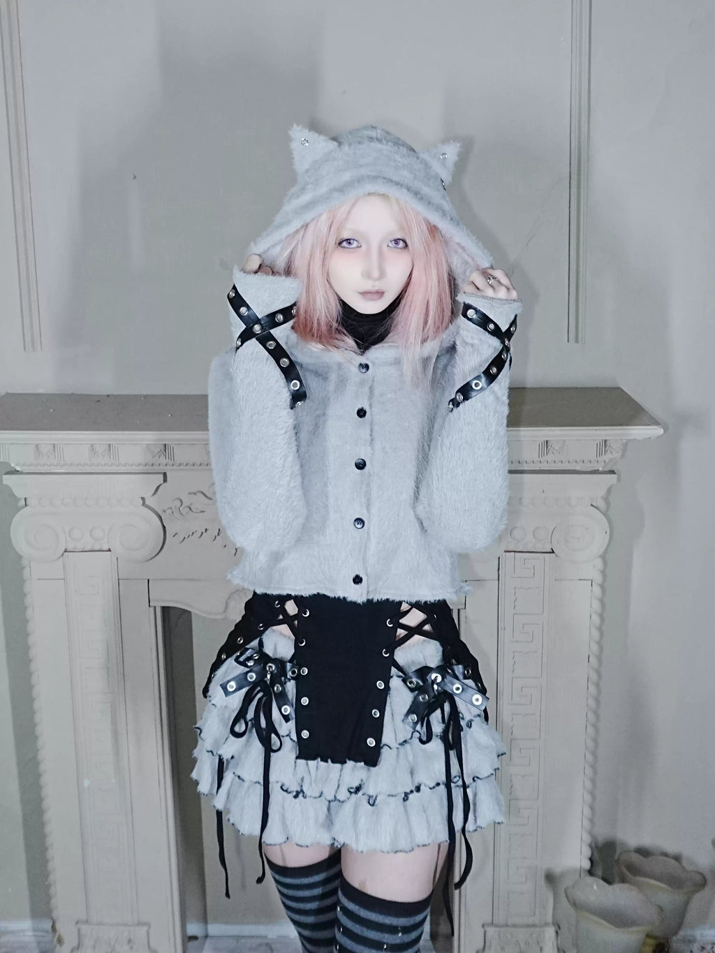 Fluffy Cat-Ear Hooded Cardigan - Grey