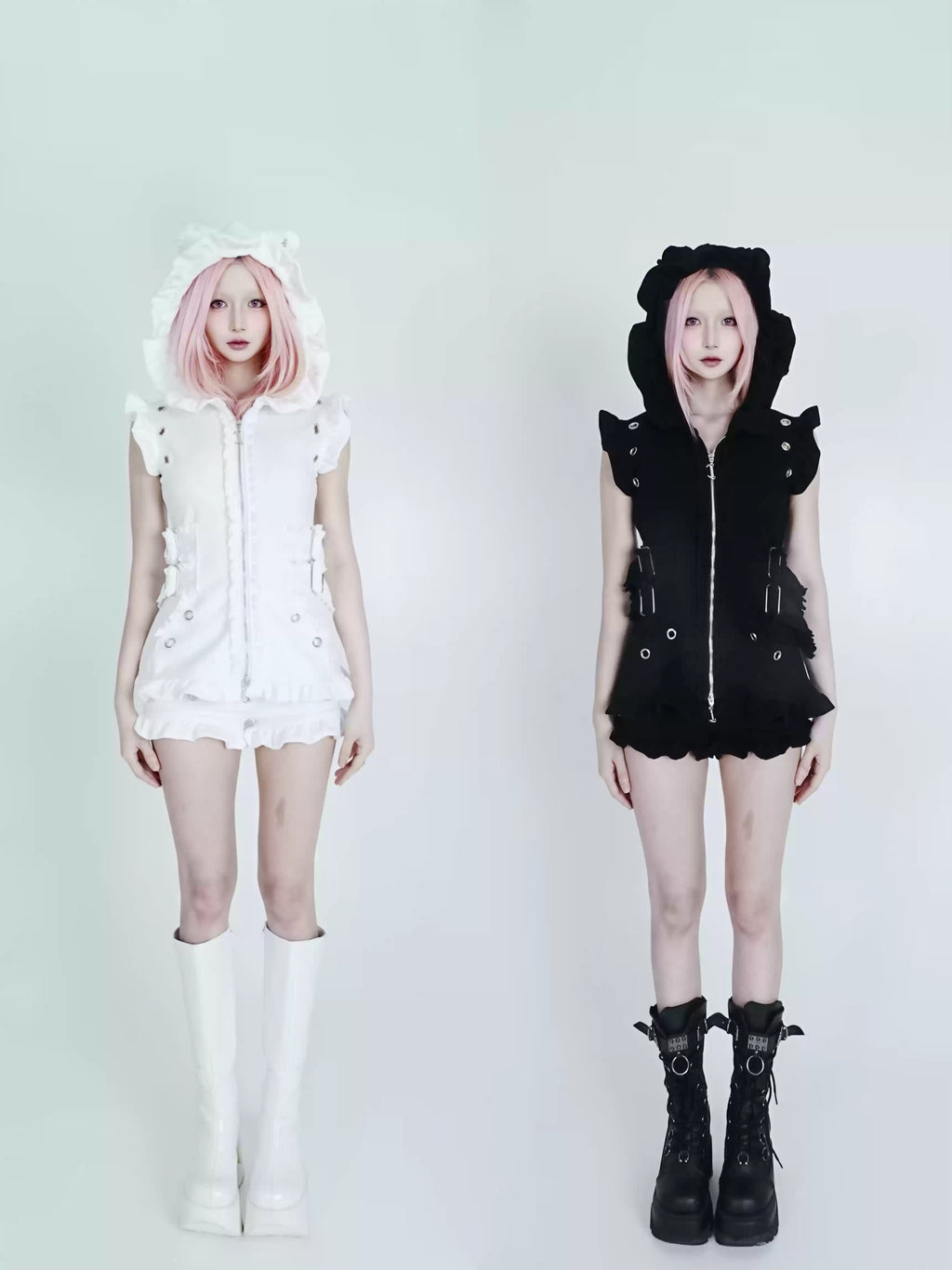 Bubble Cat Ruffle Hooded Vest - Black