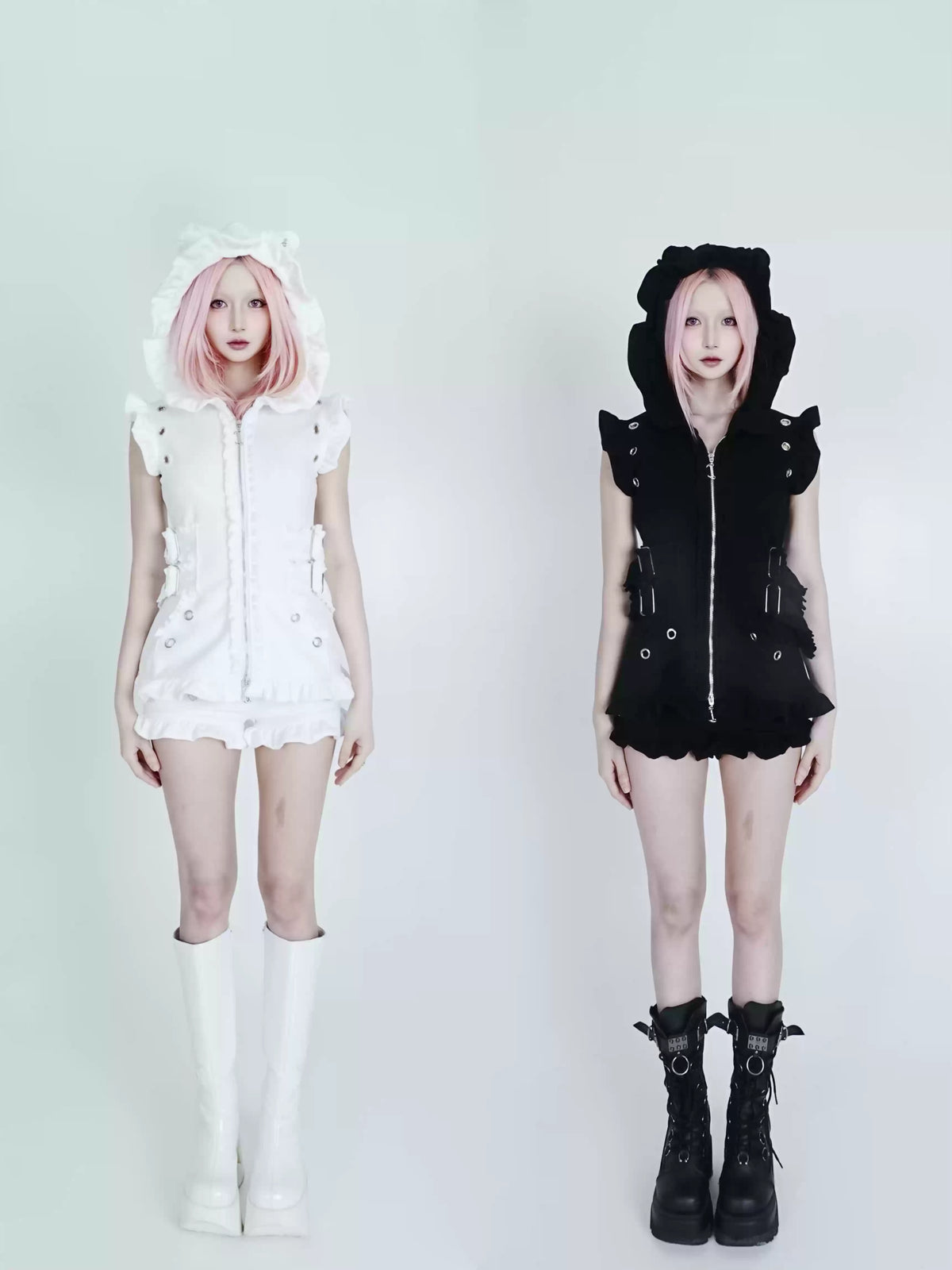 Bubble Cat Ruffle Hooded Vest - Black