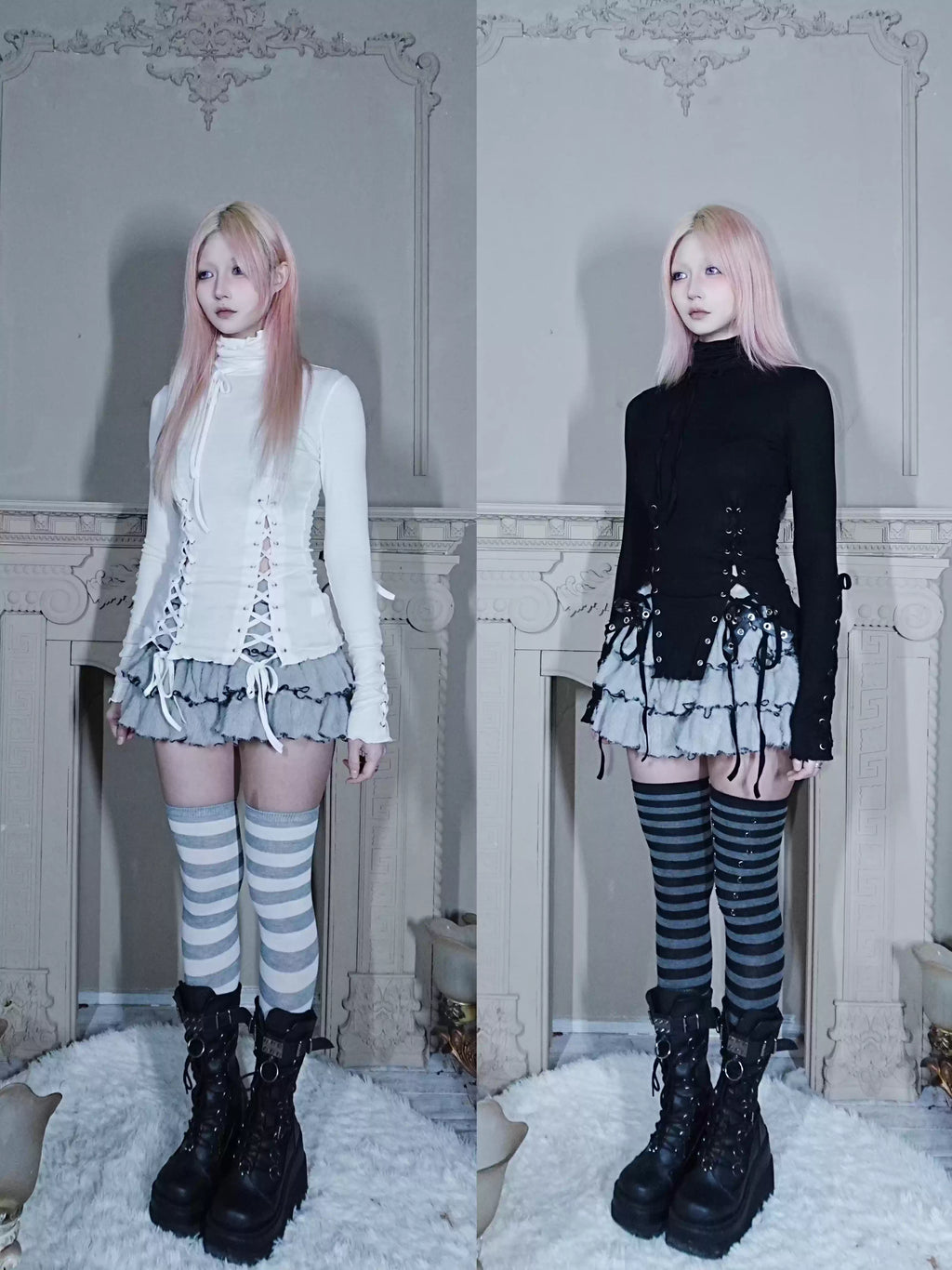 Eyelet Lace-Up Turtleneck Knit Top - Black