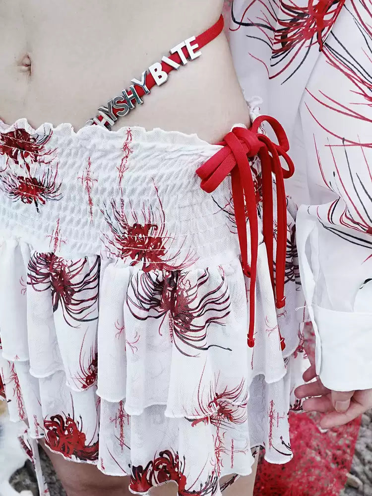 Cross & Spider Lily Full Print Tulle Beach Skirt - White-Red
