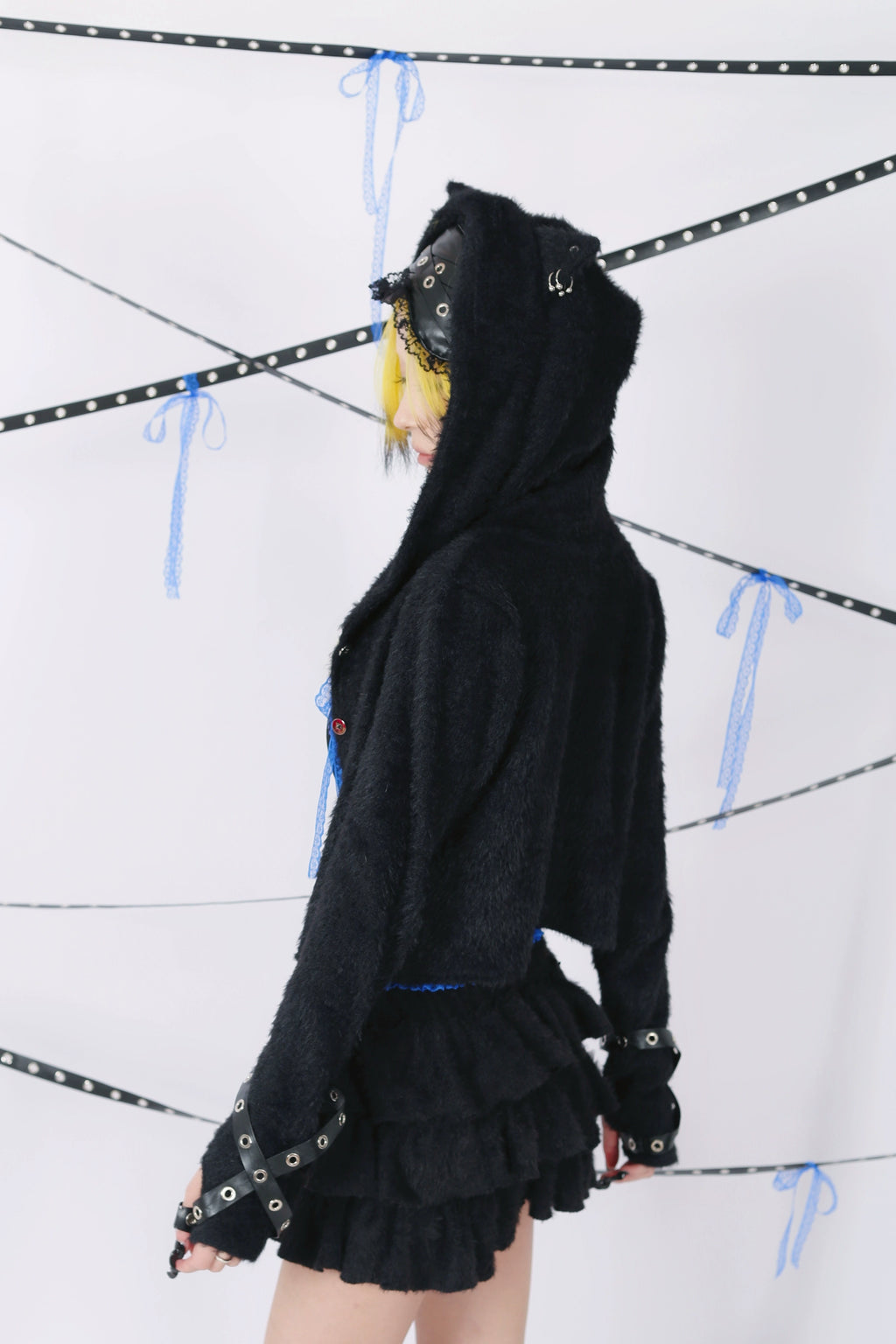 Fluffy Cat-Ear Hooded Cardigan - Black