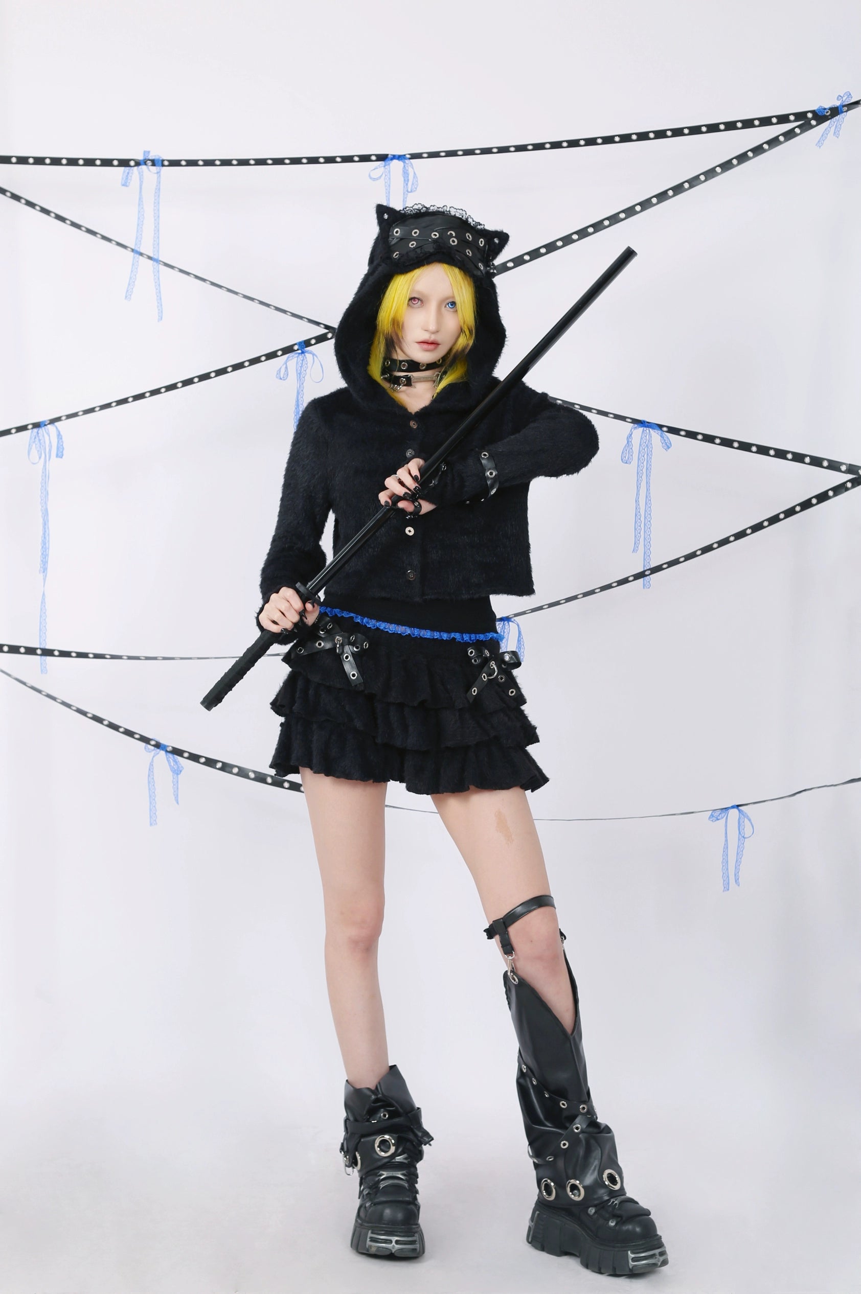 Fluffy Cat-Ear Hooded Cardigan - Black