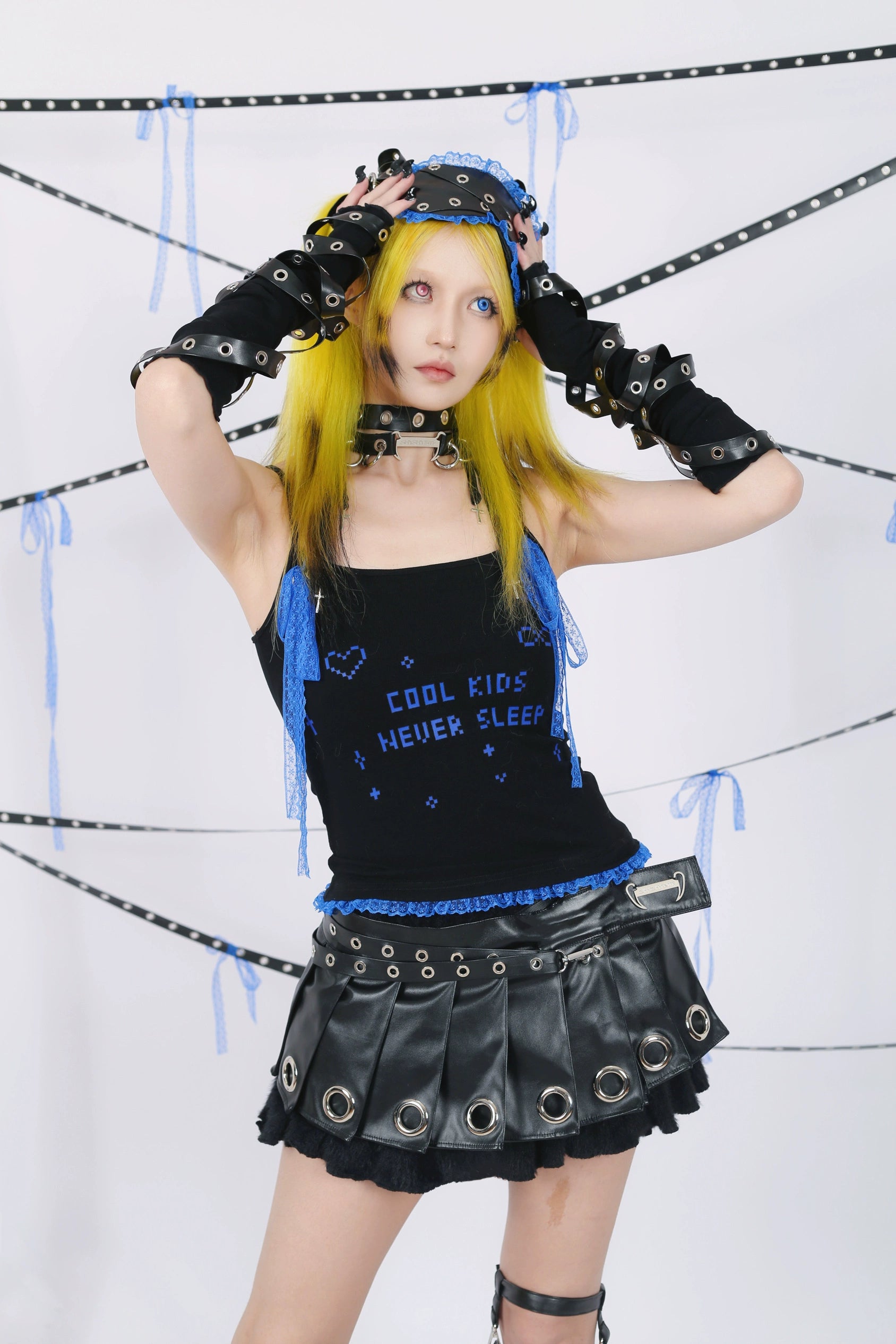 "Cool Kids Never Sleep" Lace Camisole - Black-Indigo