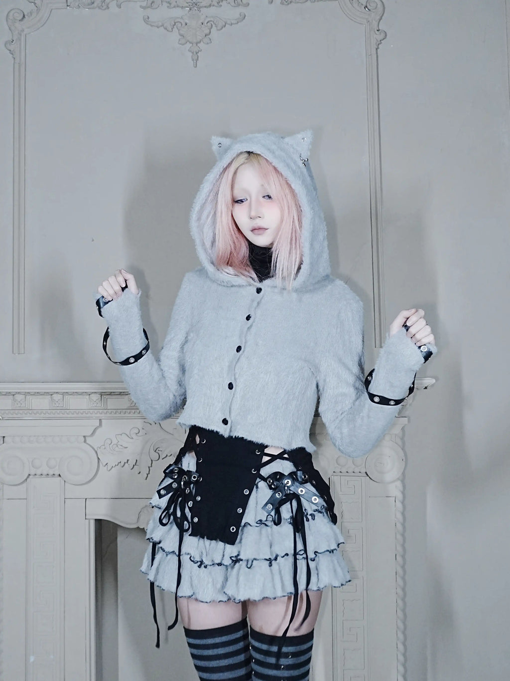 Fluffy Cat-Ear Hooded Cardigan - Grey