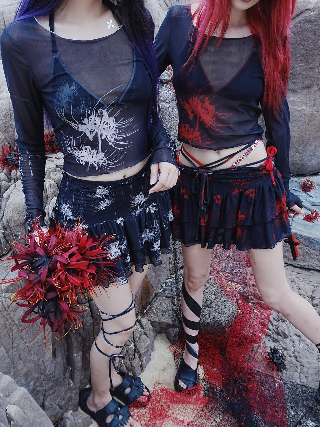 Cross & Spider Lily Full Print Tulle Beach Skirt - Black-Grey