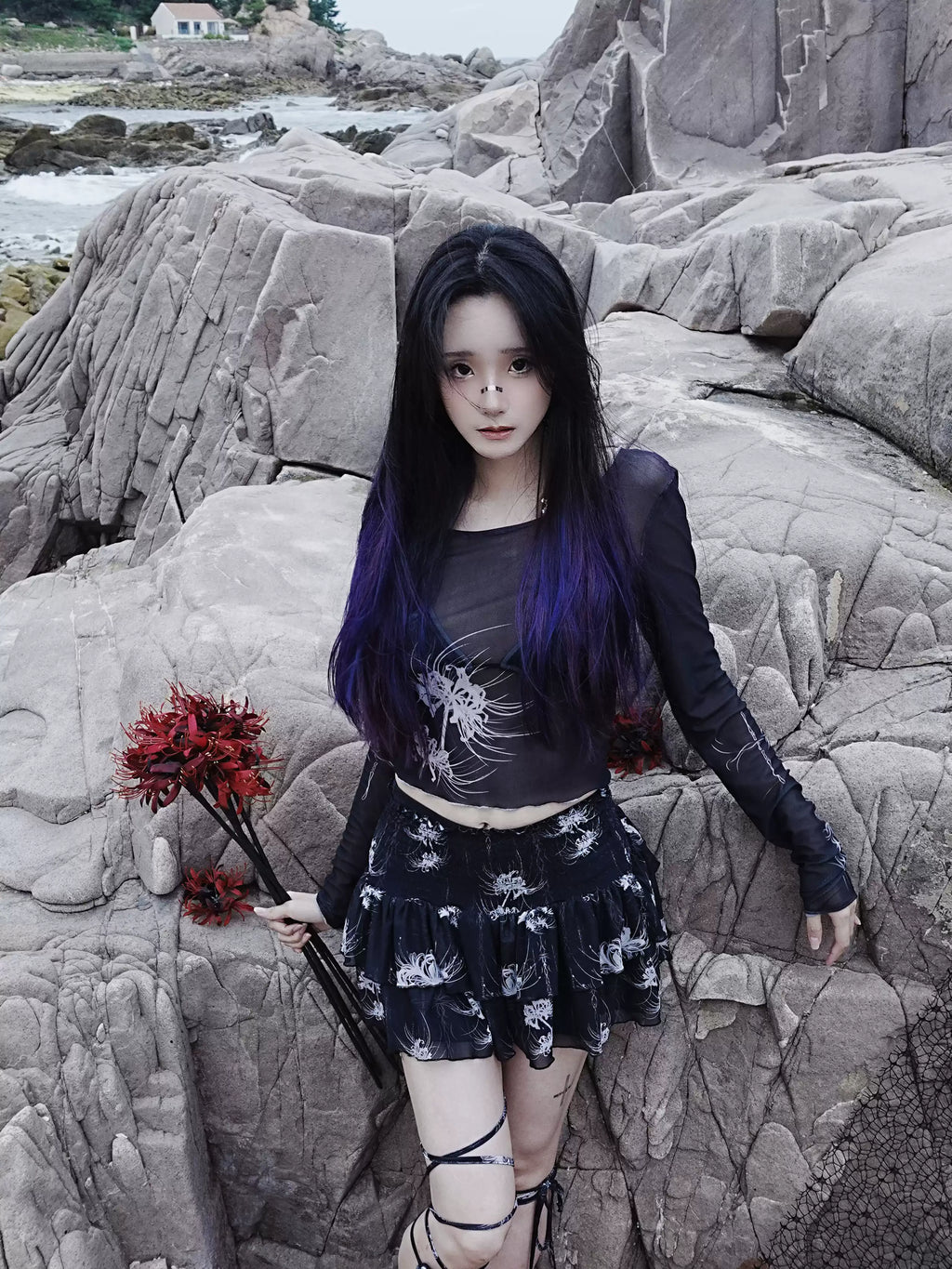 Cross & Spider Lily Full Print Tulle Beach Skirt - Black-Grey