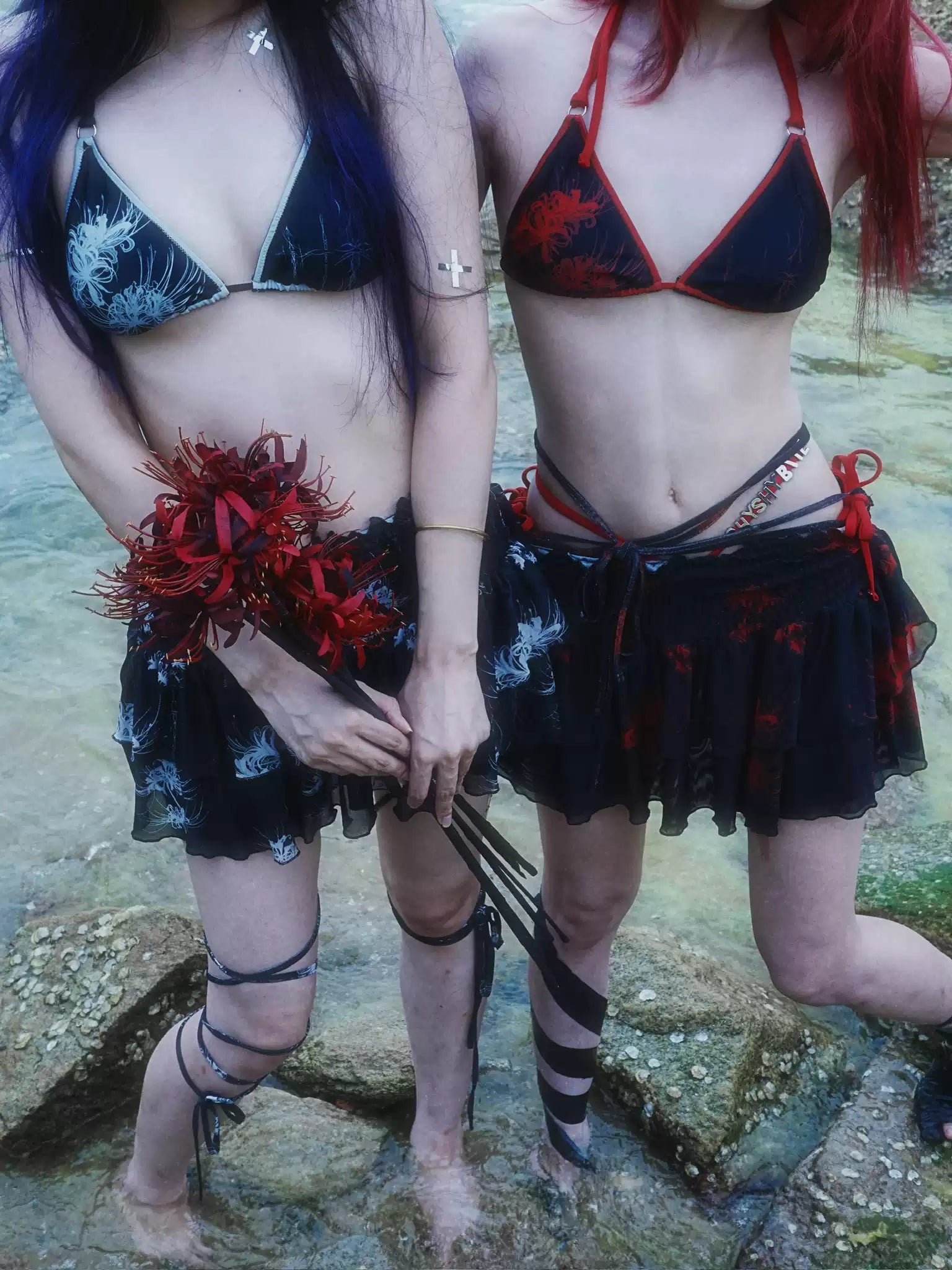 Cross & Spider Lily Bikini Set - Black-Grey