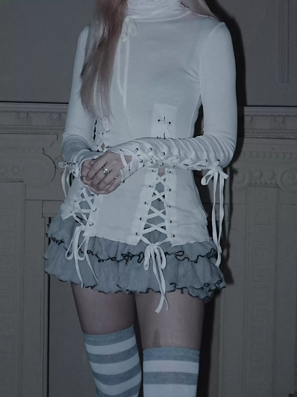 Eyelet Lace-Up Turtleneck Knit Top - Black