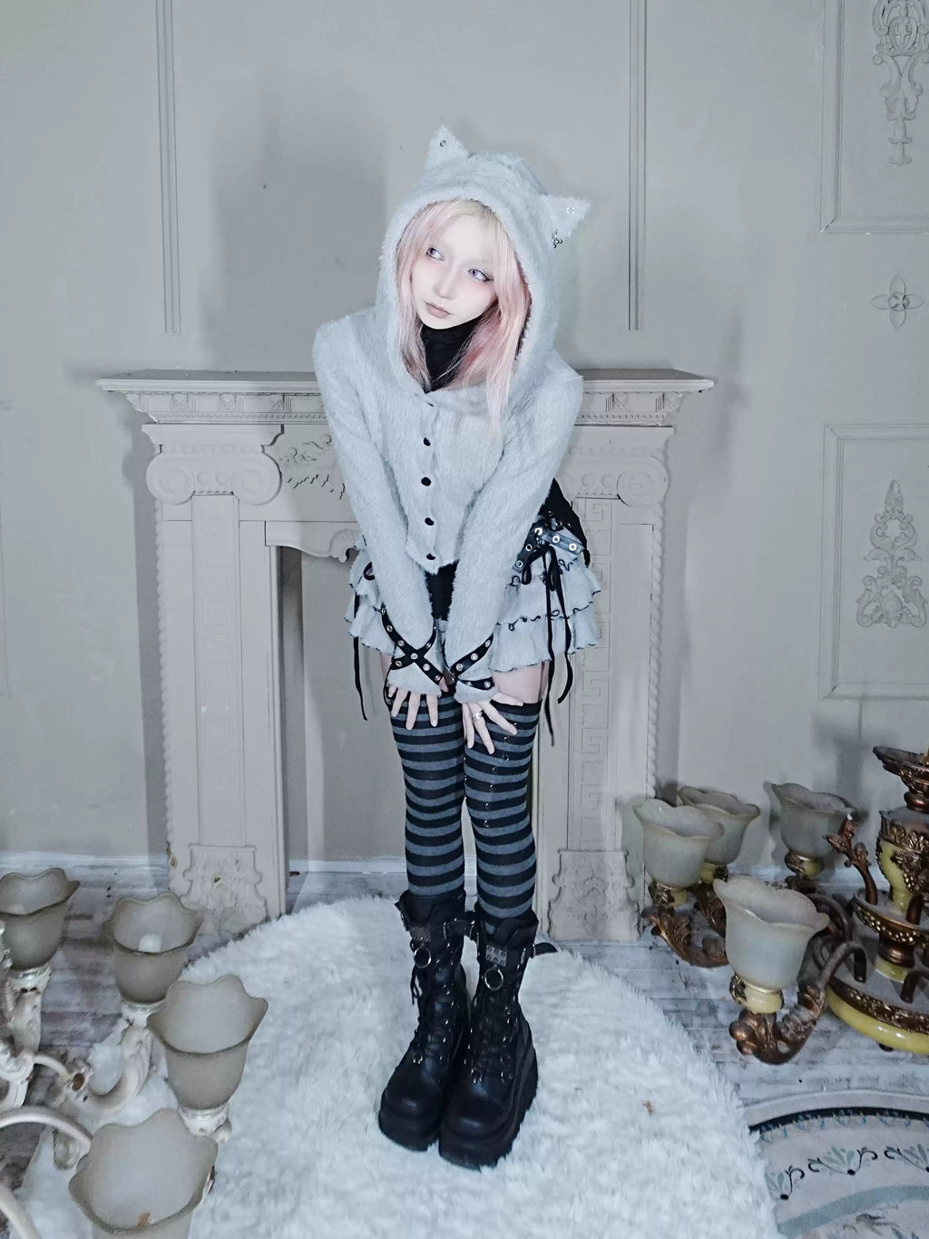 Fluffy Cat-Ear Hooded Cardigan - Grey