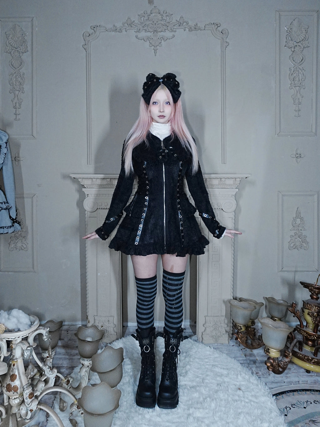 Fluffy Cat-Ear Hooded Dress - Black