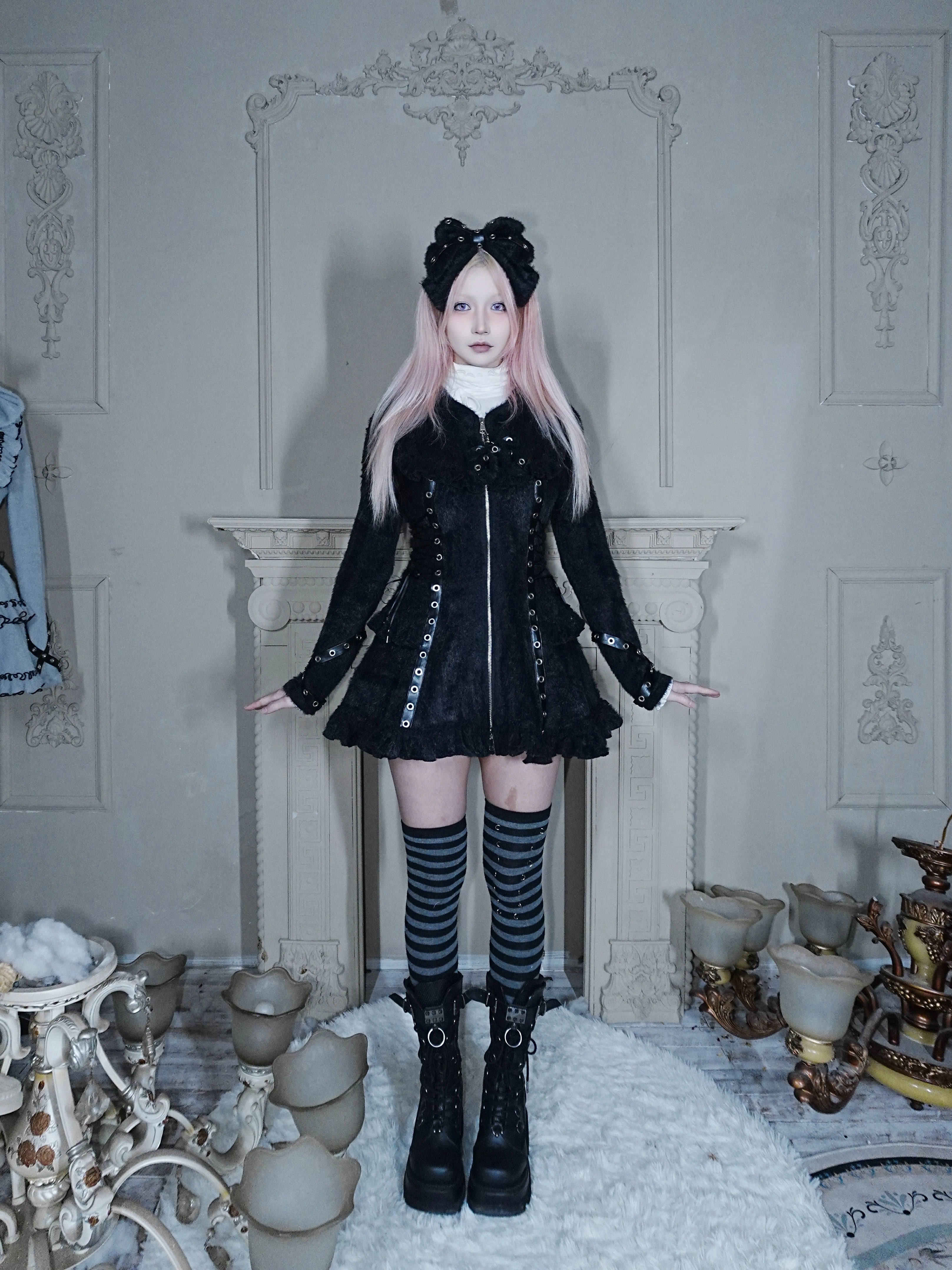 Fluffy Cat-Ear Hooded Dress - Black