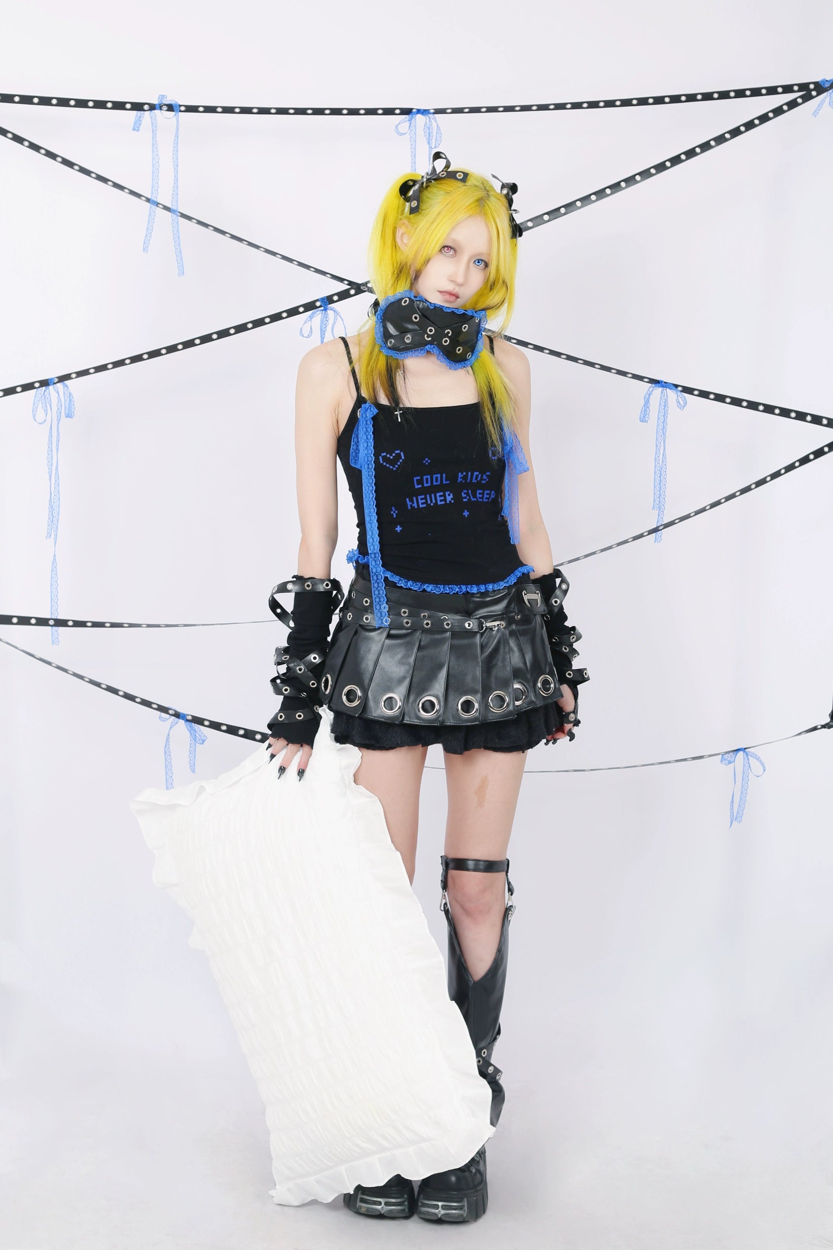 "Cool Kids Never Sleep" Lace Camisole - Black-Indigo