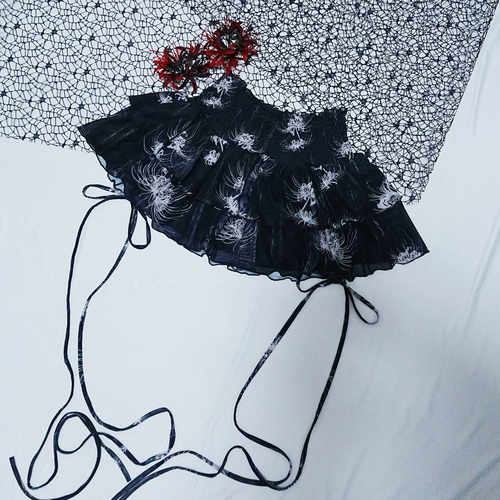 Cross & Spider Lily Full Print Tulle Beach Skirt - Black-Grey