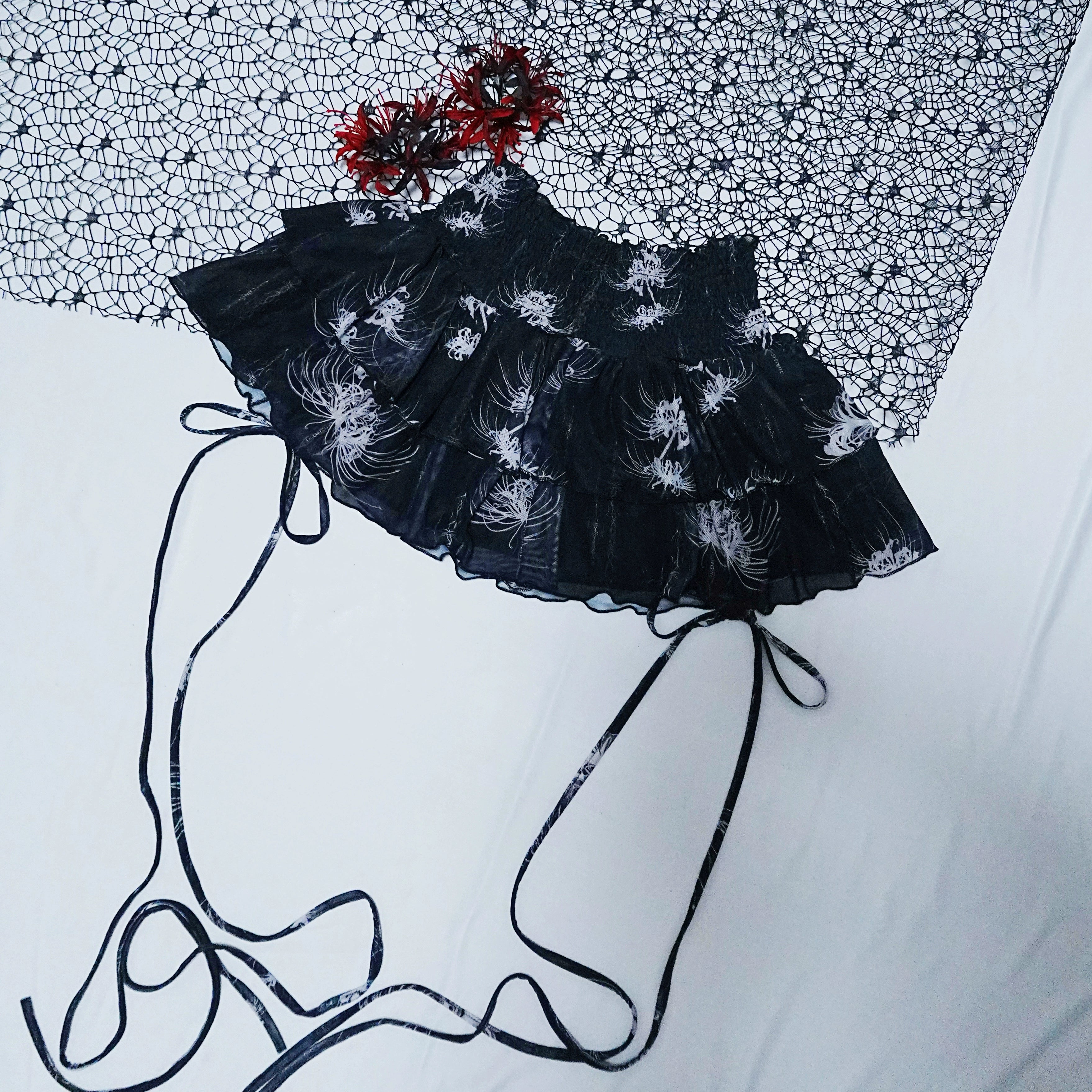 Cross & Spider Lily Full Print Tulle Beach Skirt - Black-Grey