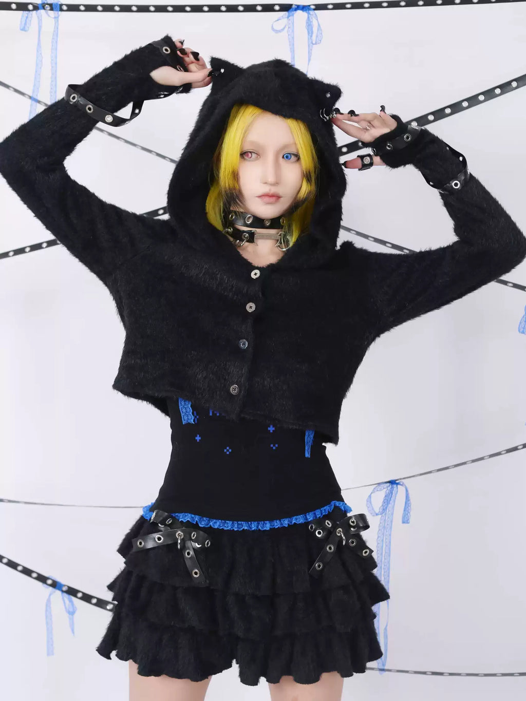Fluffy Cat-Ear Hooded Cardigan - Black