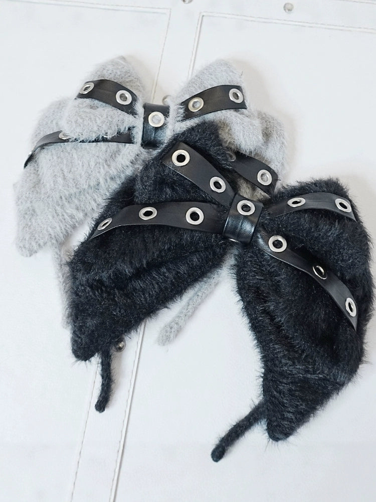 Fluffy Eyelet Big Bowknot Headband - Black