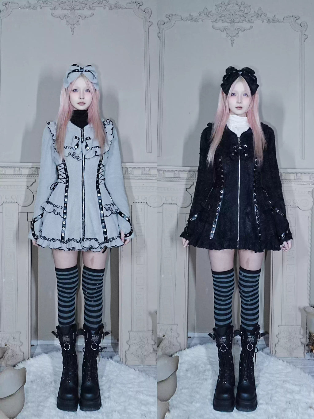 Fluffy Cat-Ear Hooded Dress - Black