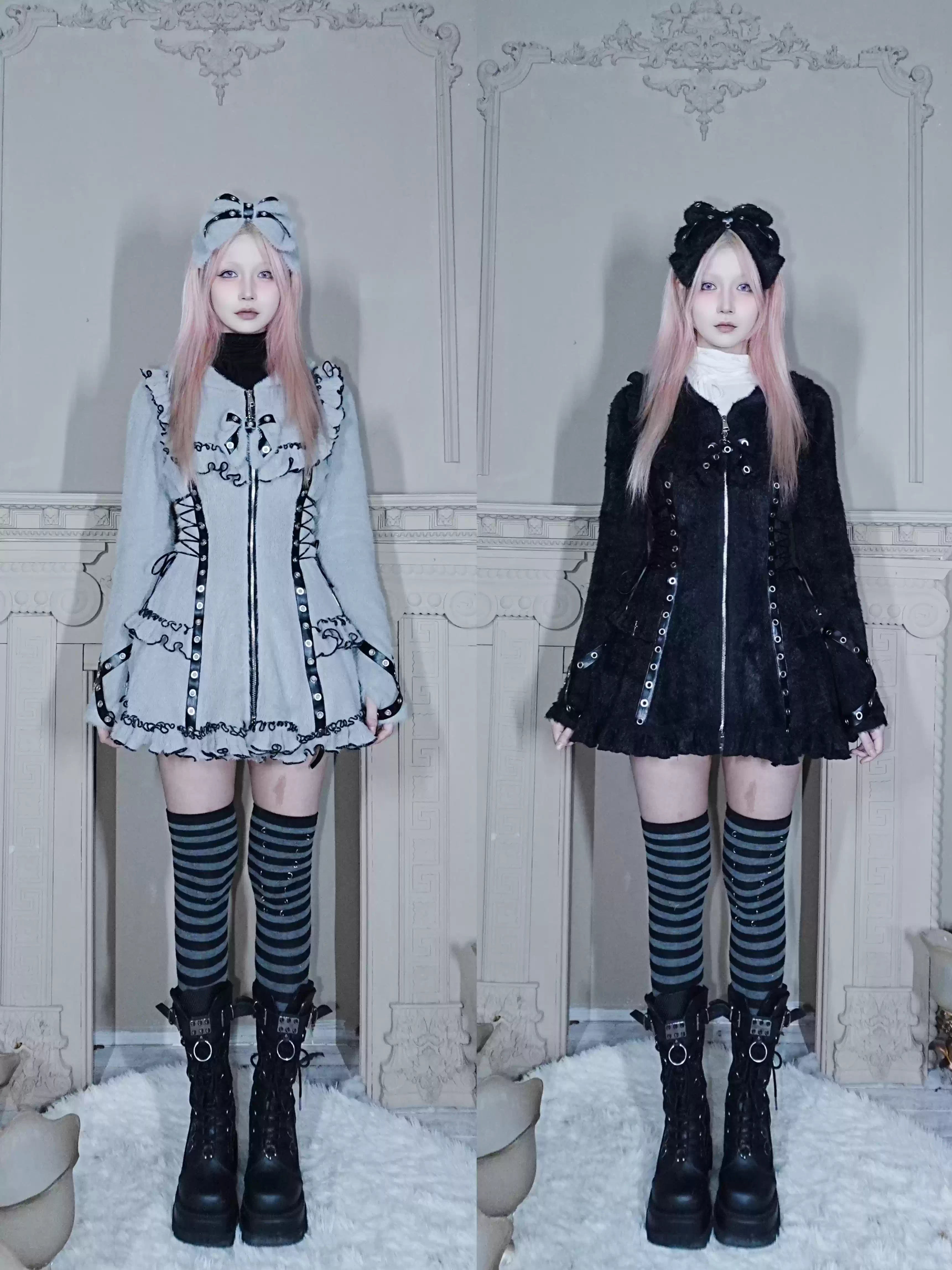 Fluffy Cat-Ear Hooded Dress - Black