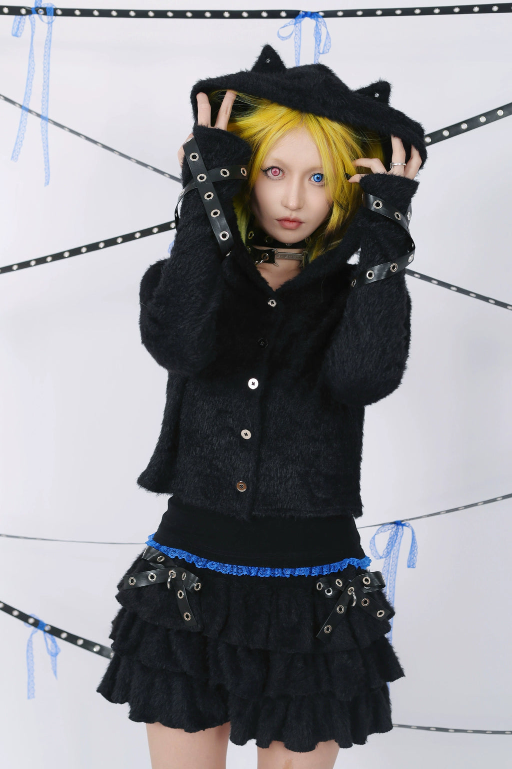 Fluffy Cat-Ear Hooded Cardigan - Black